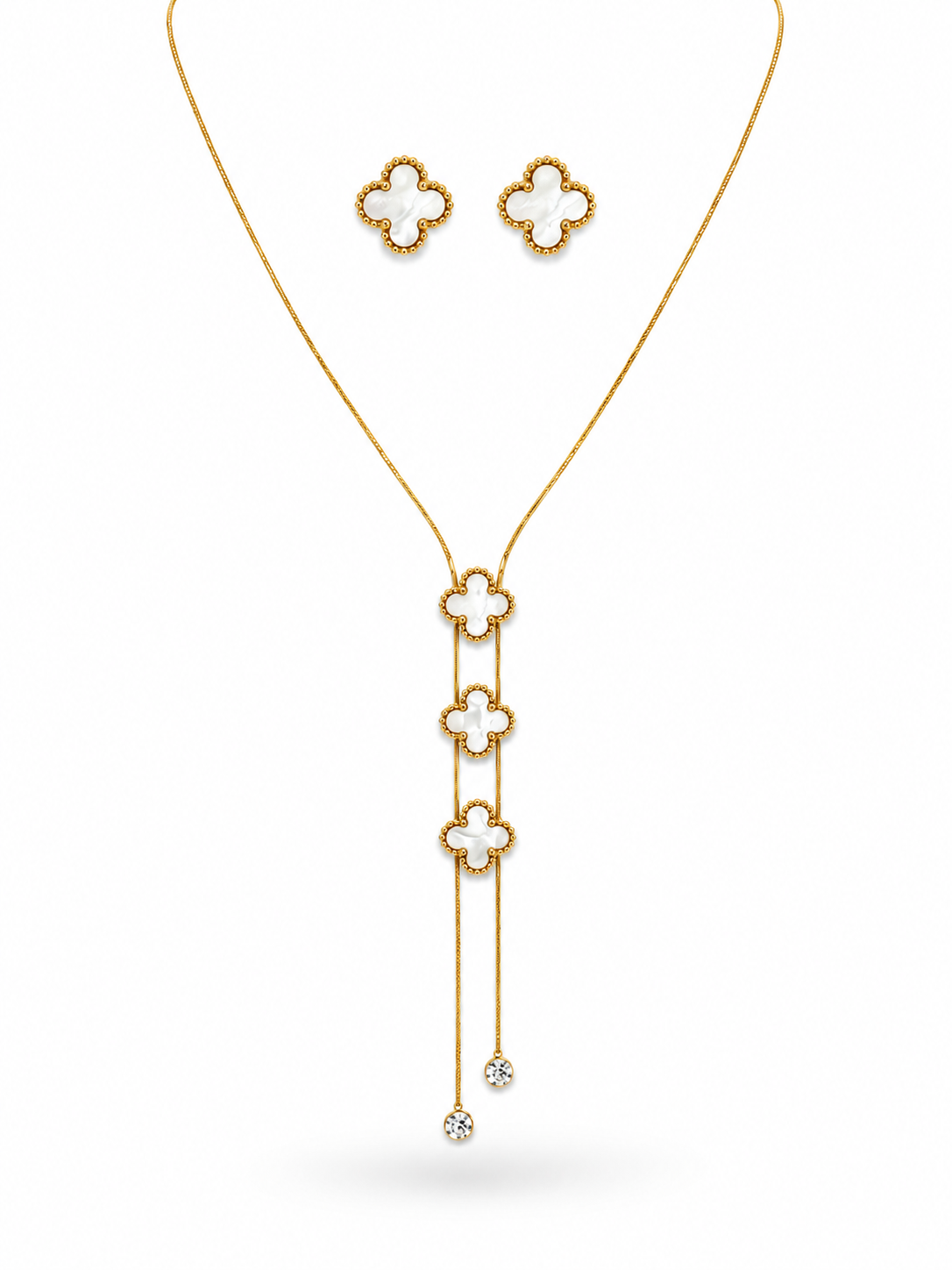 Clover Lariat Necklace and Earring Set in gold-tone 316L stainless steel with mother-of-pearl inlay
