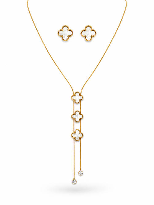 Clover Lariat Necklace and Earring Set in gold-tone 316L stainless steel with mother-of-pearl inlay