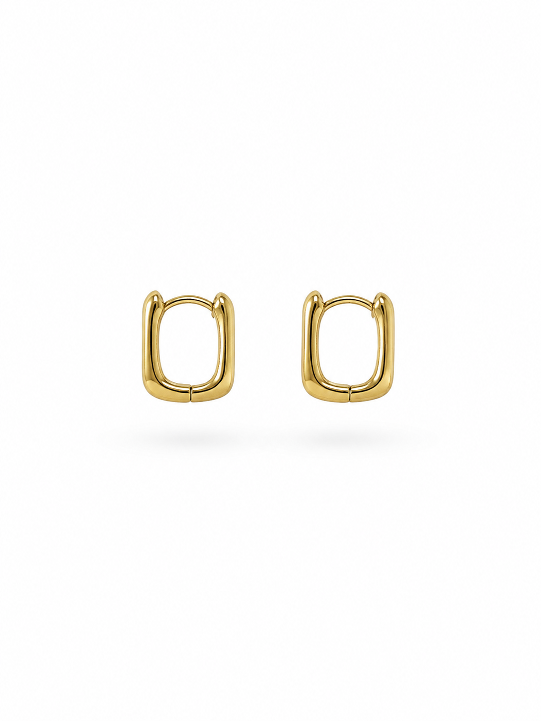 Gold square huggie hoop earrings in high-polish gold finish, sold as a pair