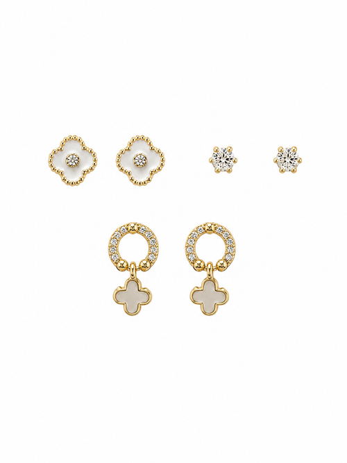 Clover and crystal gold earring combo set - 3 pairs