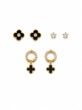 Black clover and crystal combo earring set in gold tone