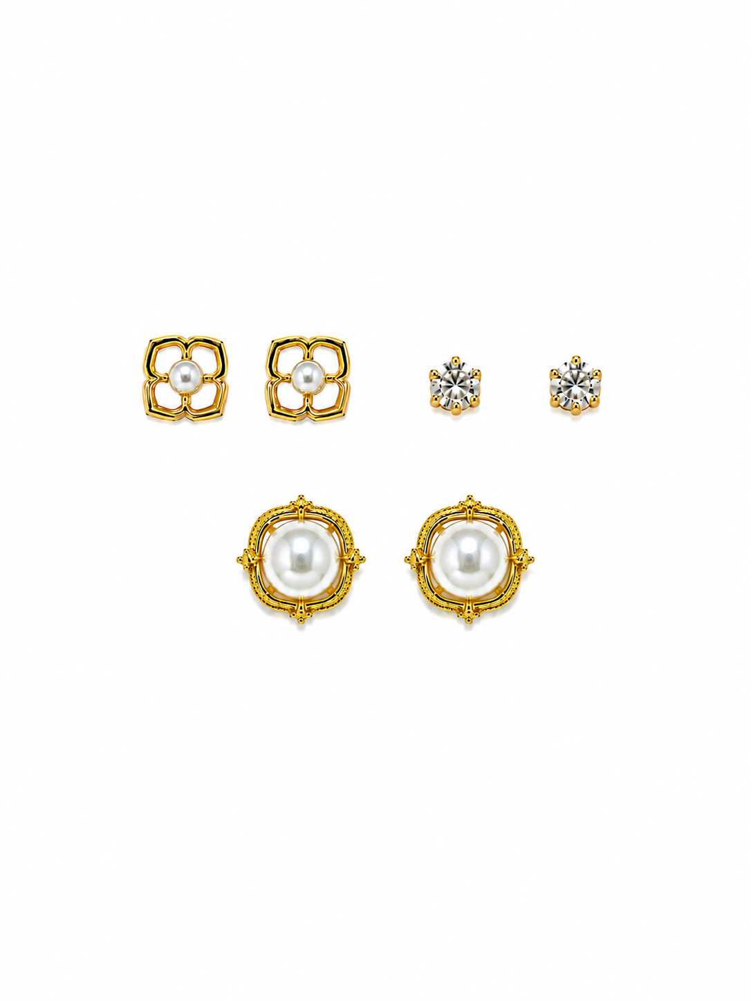 Pearl and crystal stud earrings combo set - 3 pairs