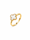 Four leaf clover ring in gold with mother of pearl centre