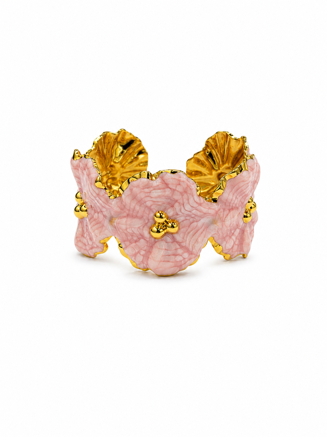 Pink enamel hibiscus cuff bracelet with gold-tone detailing