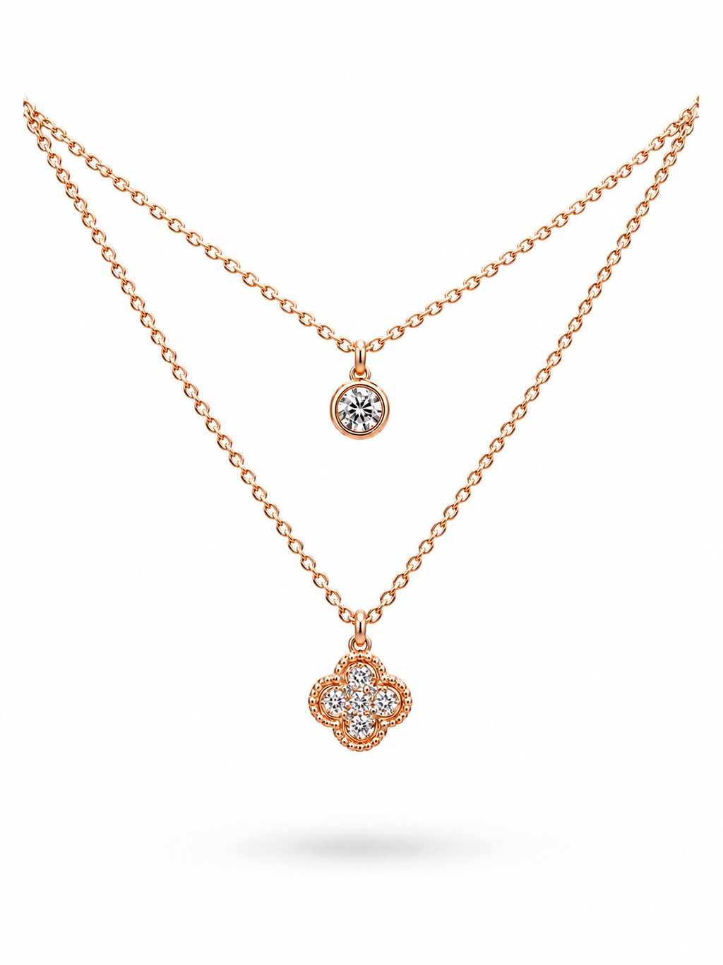 Rose Gold Layered Clover and Solitaire Necklace