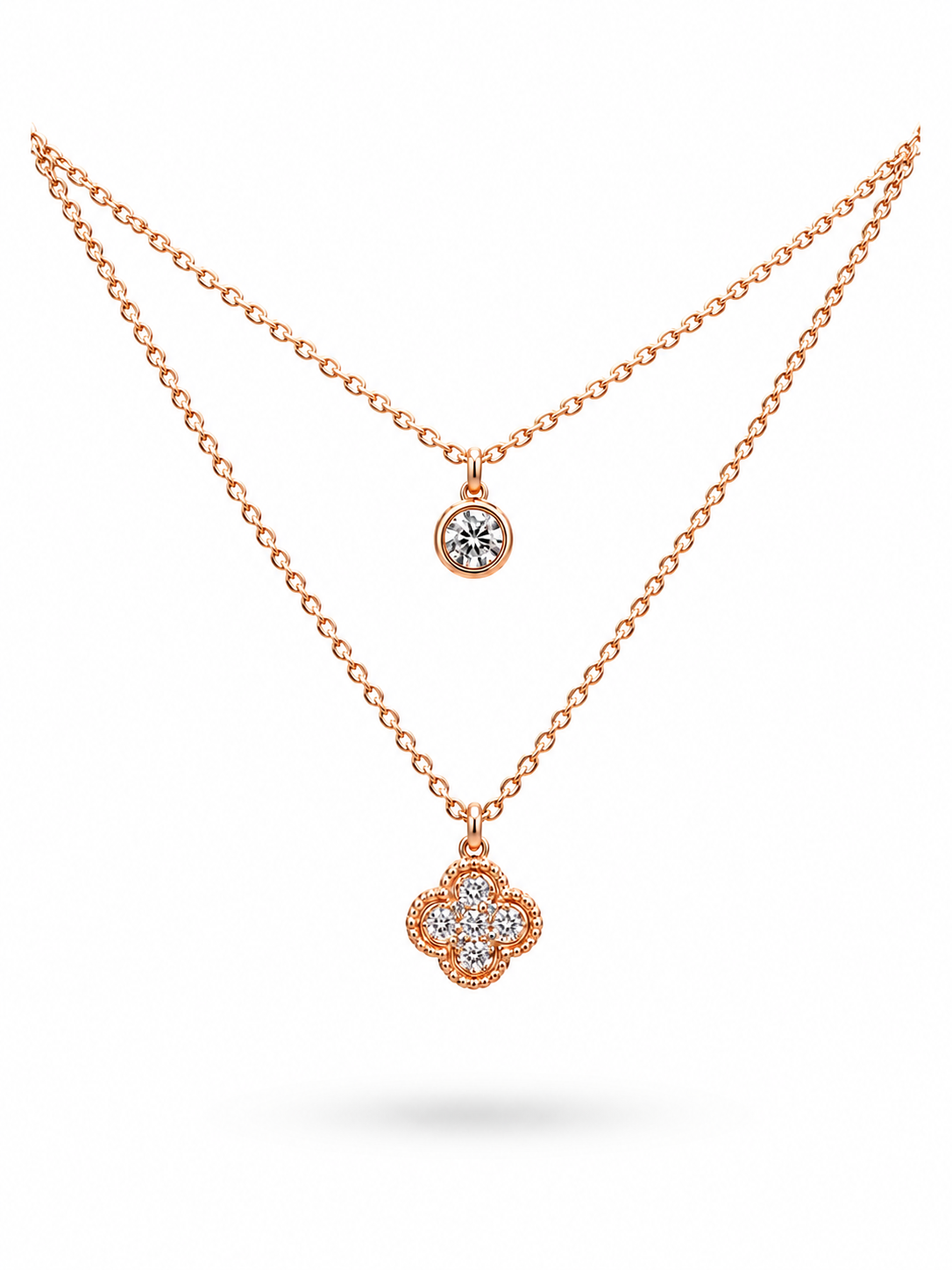 Rose Gold Layered Clover and Solitaire Necklace