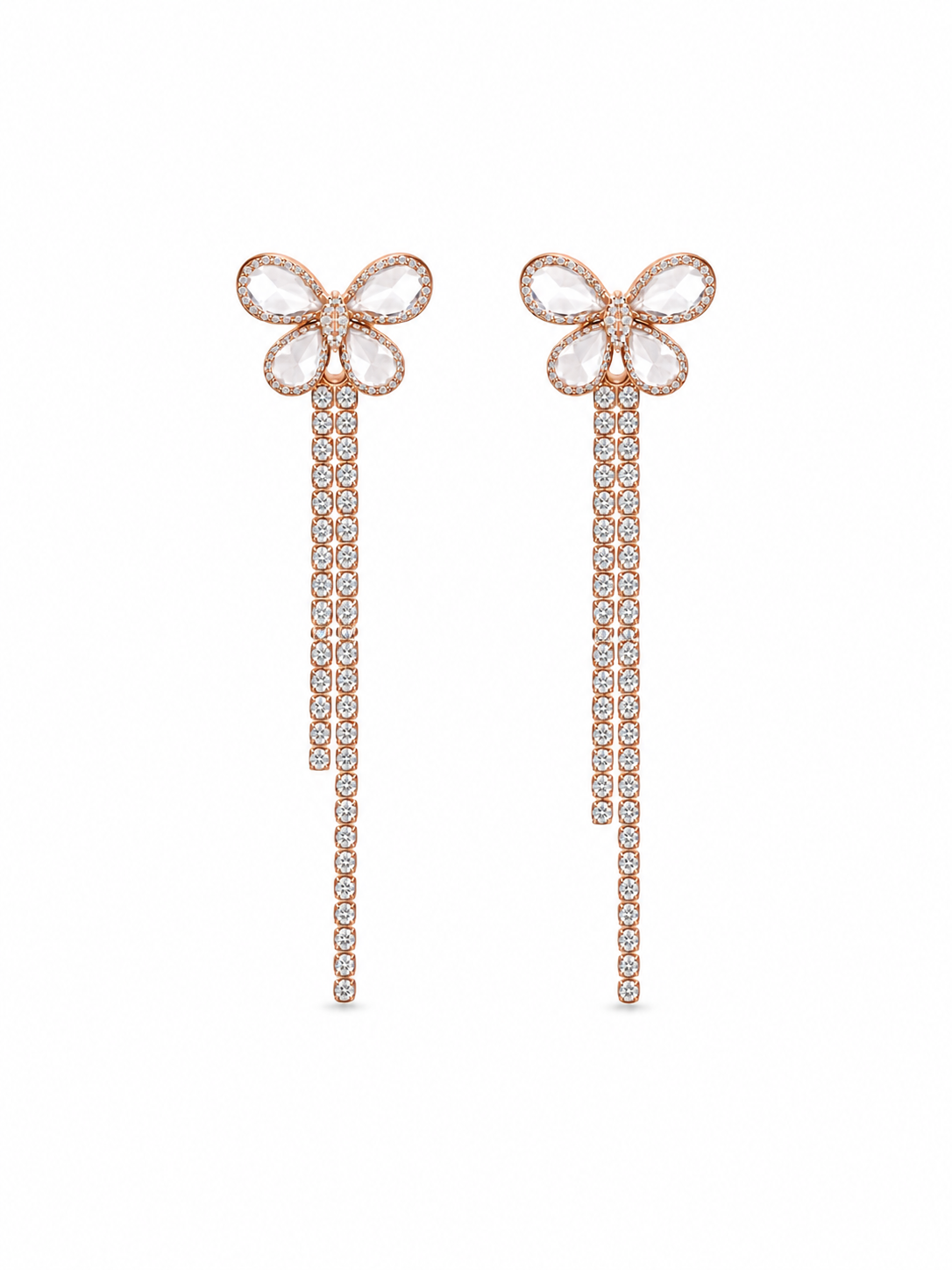 Butterfly drop earrings in rose gold with crystal pavé and cascading chains