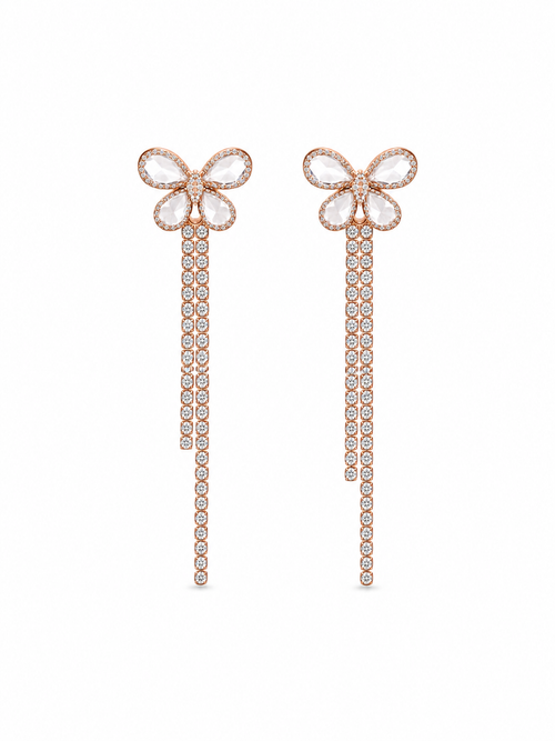 Butterfly drop earrings in rose gold with crystal pavé and cascading chains