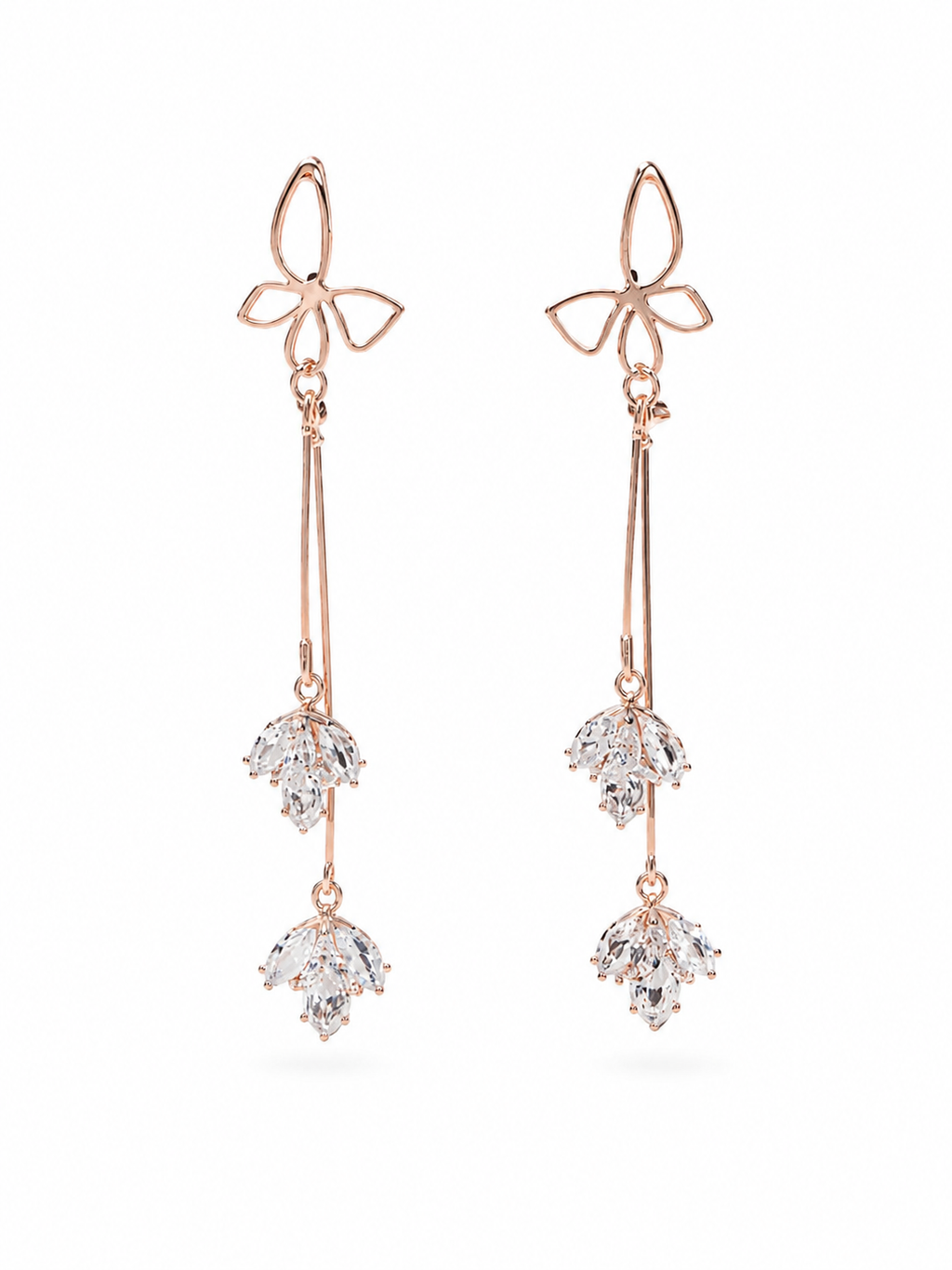 Rose Gold Butterfly Crystal Drop Earrings - Front View