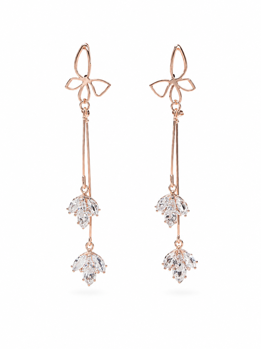 Rose Gold Butterfly Crystal Drop Earrings - Front View