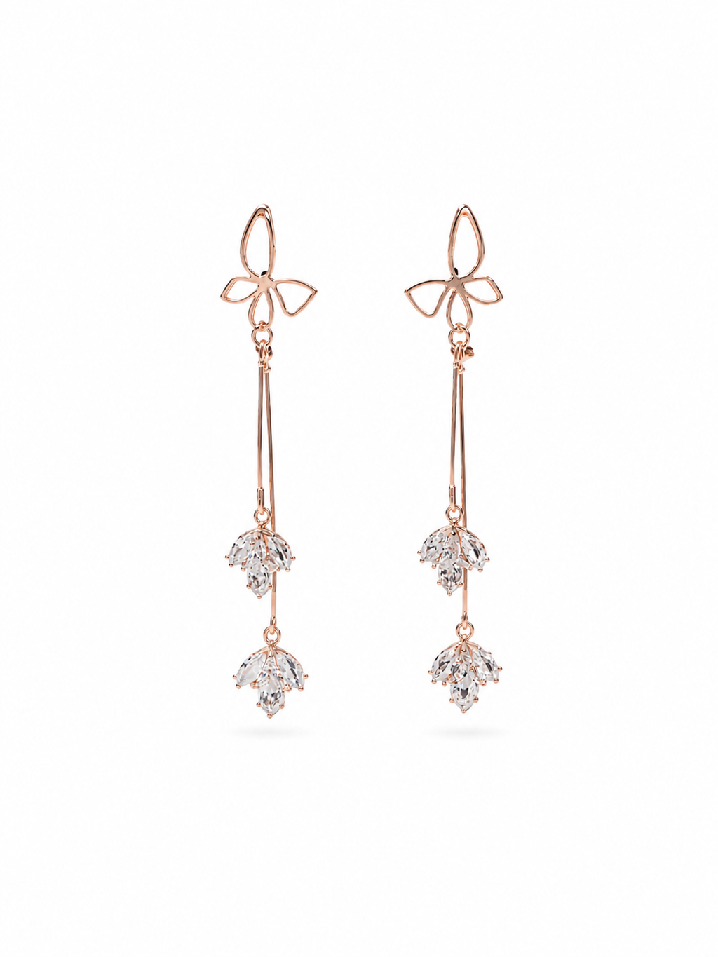 Rose Gold Butterfly Crystal Drop Earrings - Side View