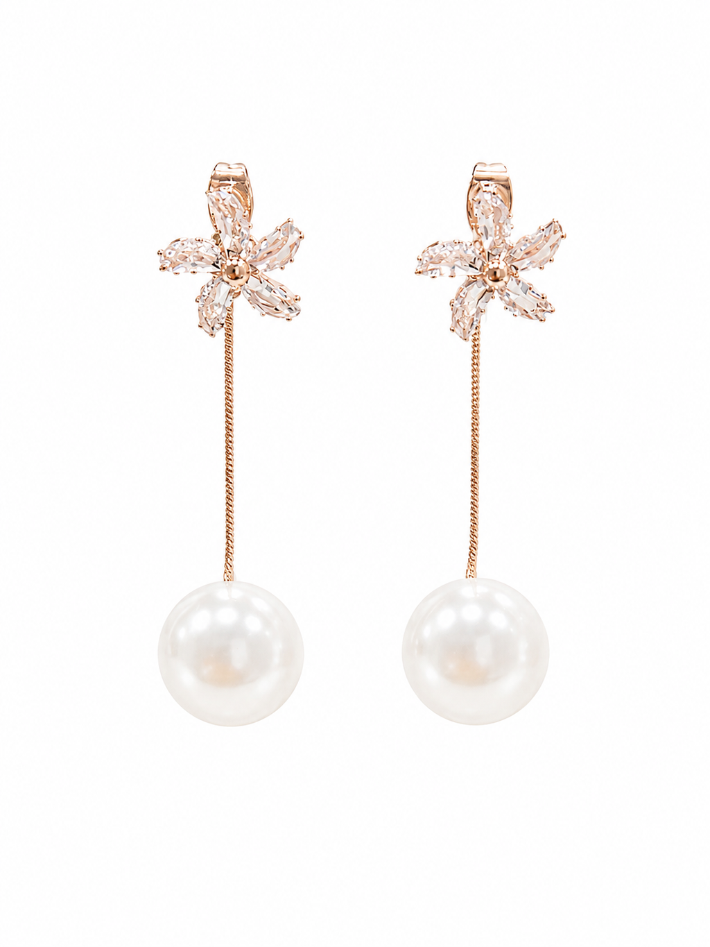 Crystal Flower Pearl Drop Earrings - Front View