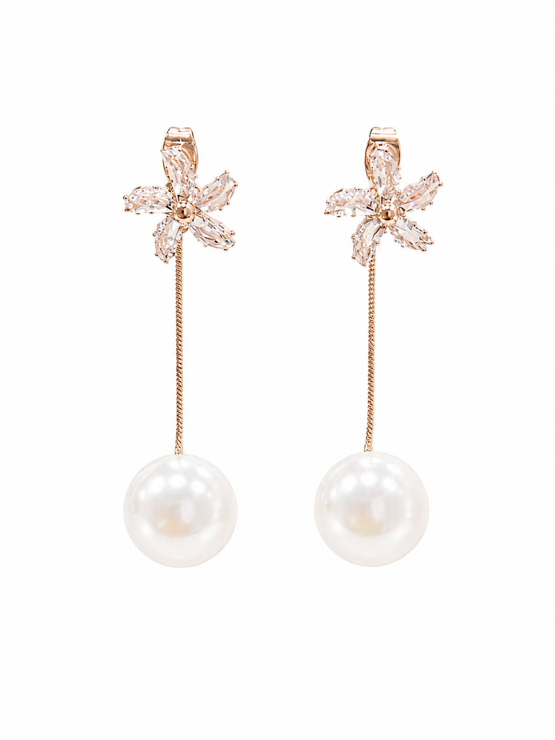 Crystal Flower Pearl Drop Earrings - Front View
