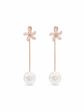 Crystal Flower Pearl Drop Earrings - Close-up View
