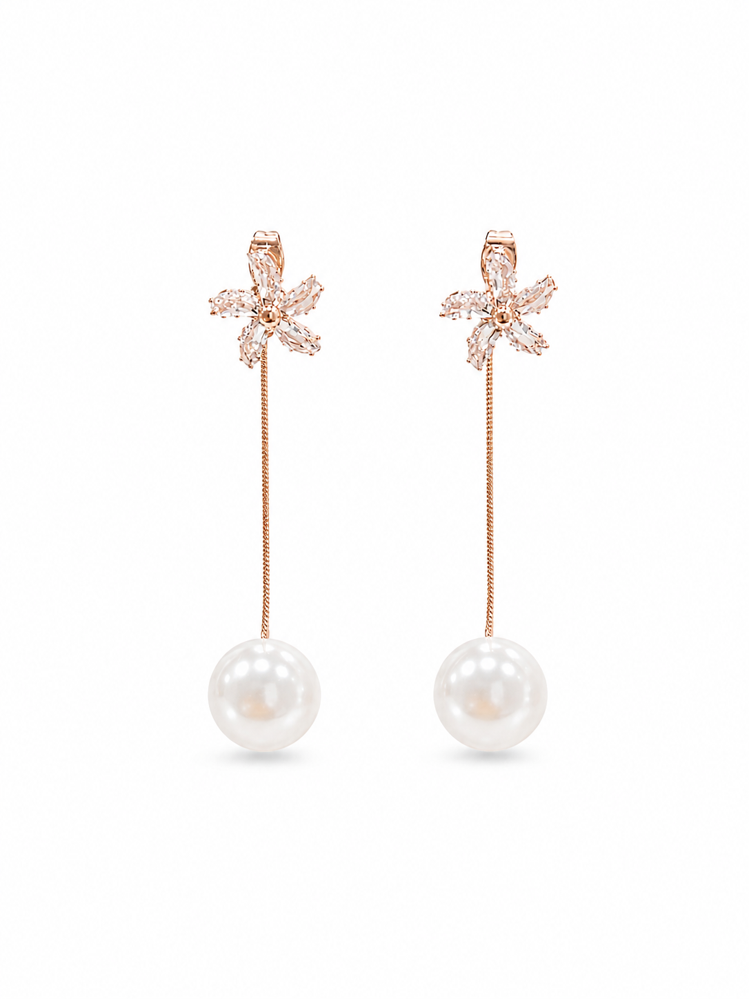Crystal Flower Pearl Drop Earrings - Close-up View
