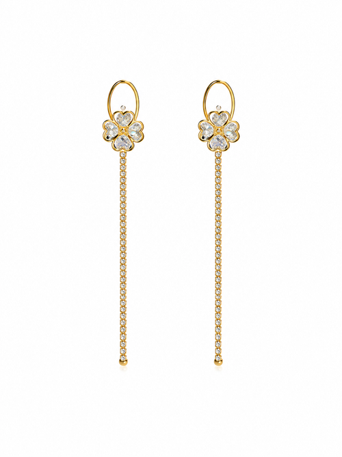 Bloom Drop Earrings - Gold flower drop earrings close up view