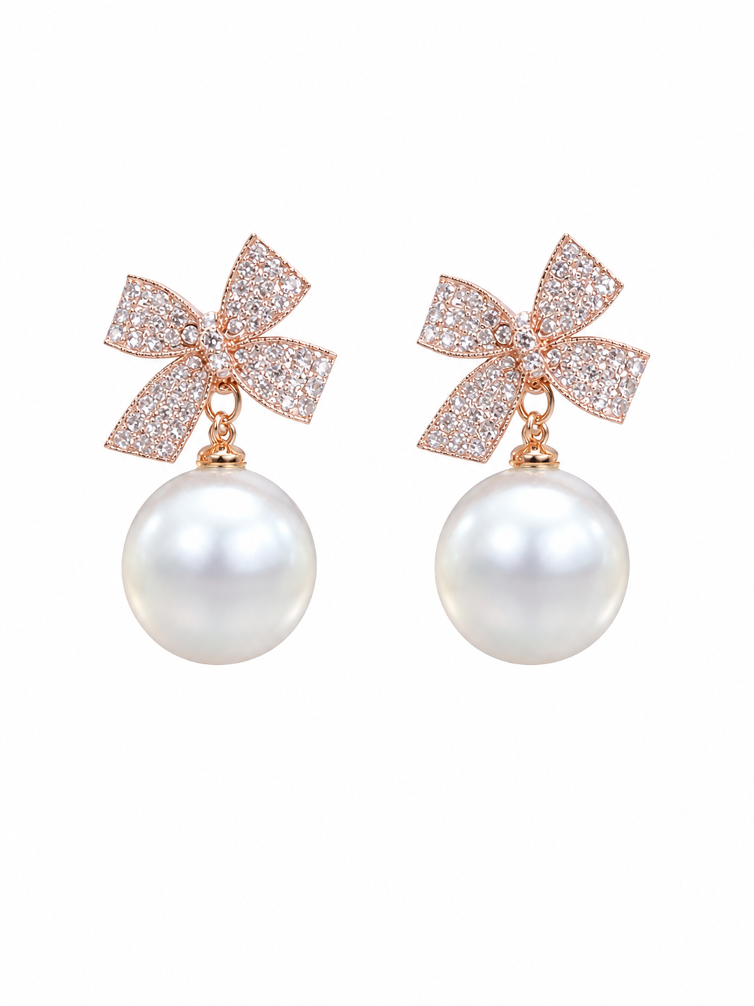 Pearl Bow Drop Earrings - Rose Gold - Front view