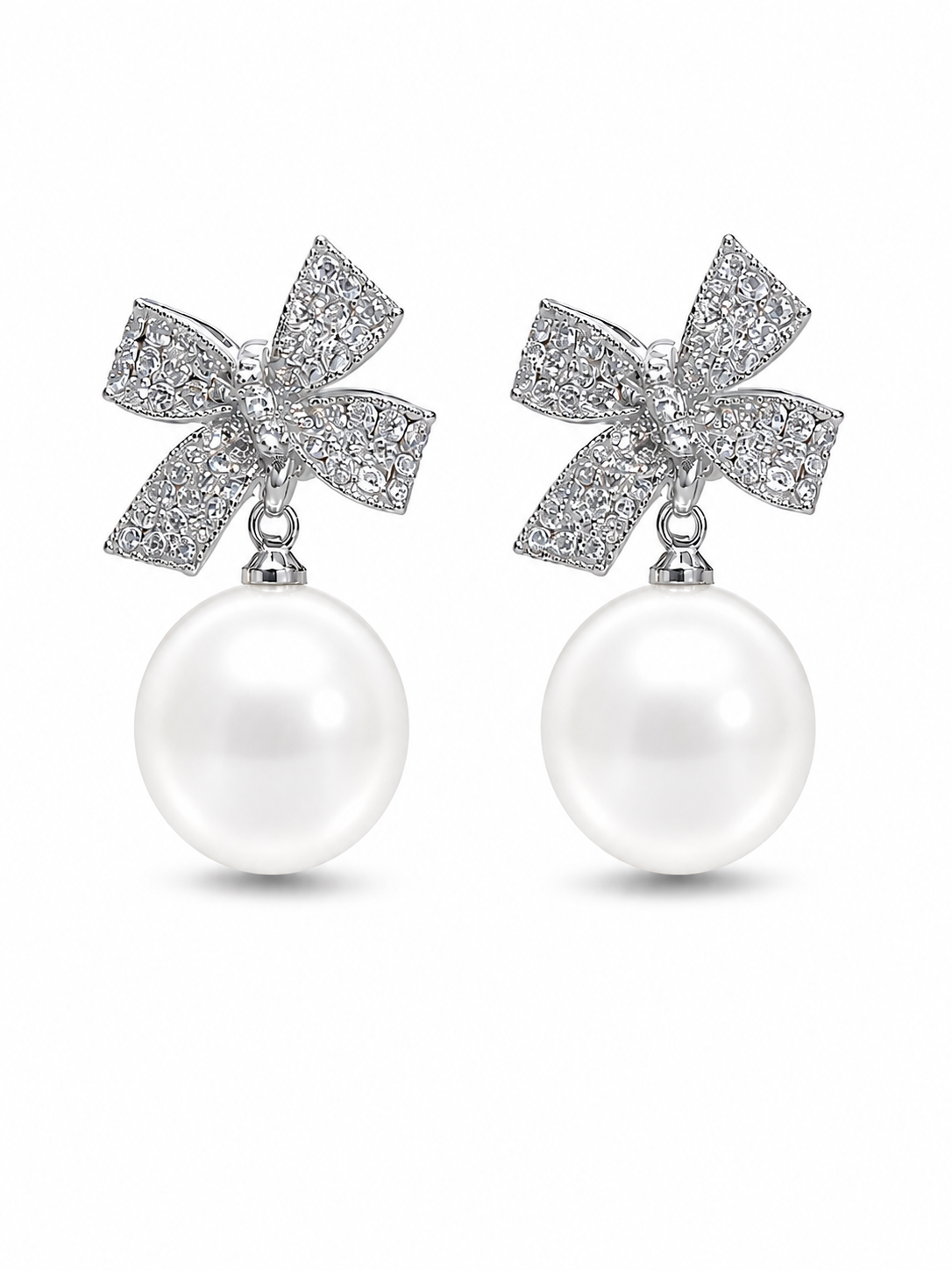 Pearl Bow Drop Earrings - Rose Gold - Front View