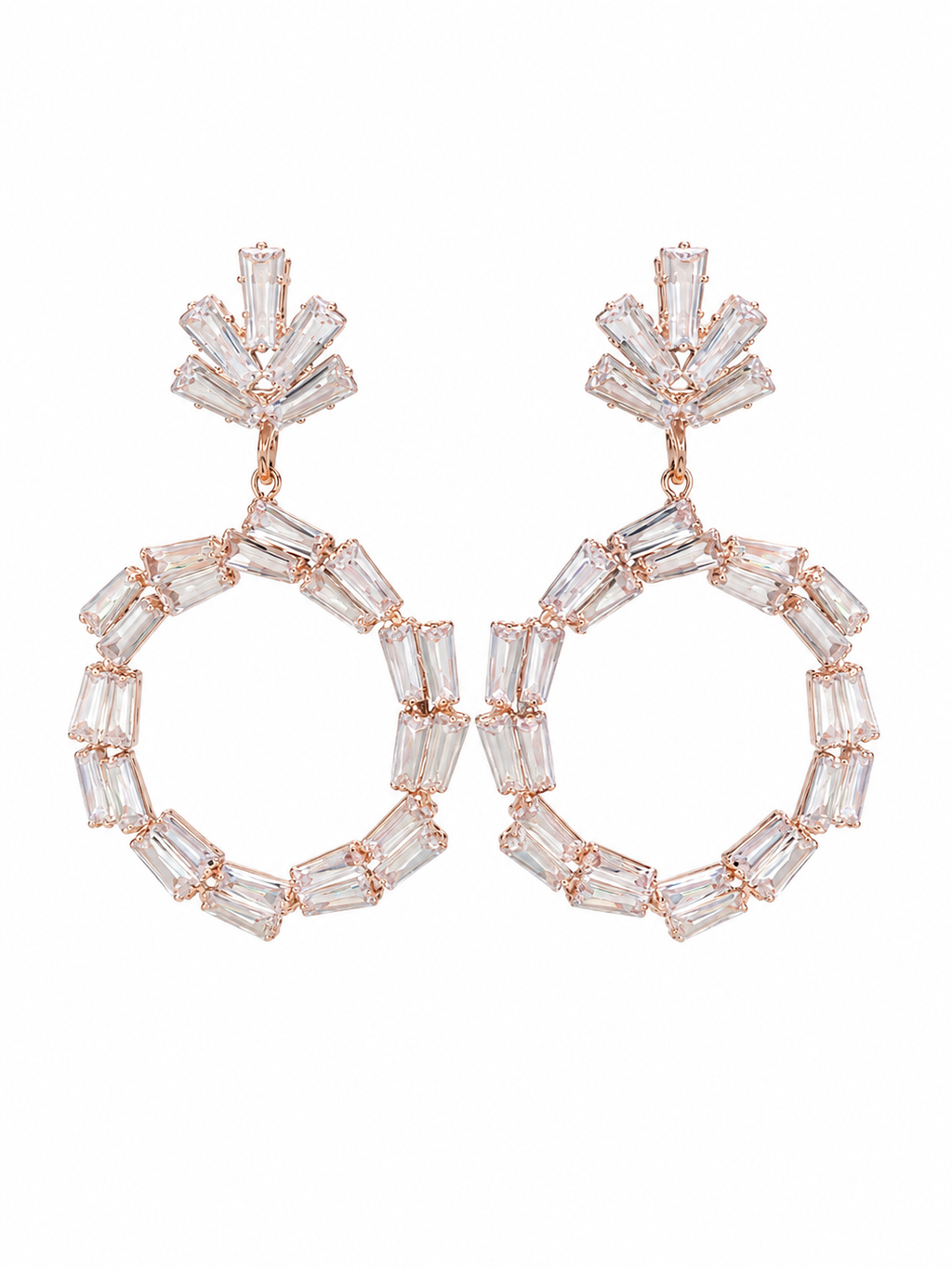 Crystal Baguette Hoop Drop Earrings in Rose Gold - Front View