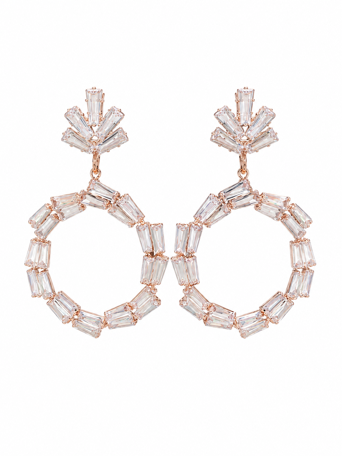 Crystal Baguette Hoop Drop Earrings in Rose Gold - Front View
