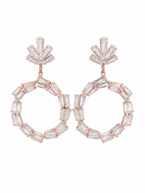 Crystal Baguette Hoop Drop Earrings in Rose Gold - Front View