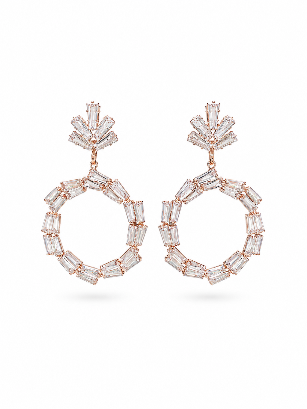 Crystal Baguette Hoop Drop Earrings in Rose Gold - Side View