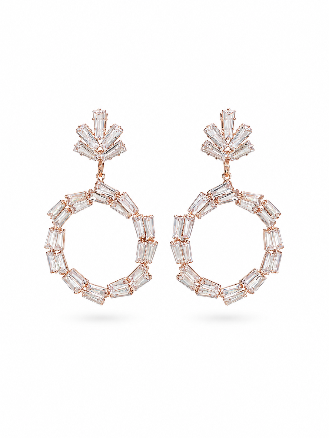 Crystal Baguette Hoop Drop Earrings in Rose Gold - Side View