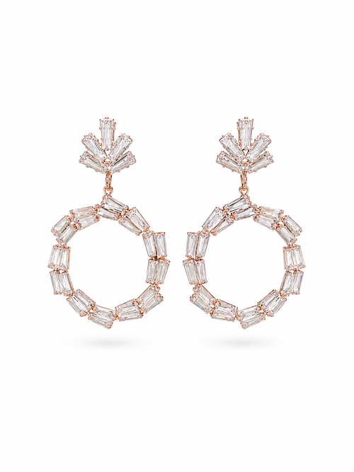 Crystal Baguette Hoop Drop Earrings in Rose Gold - Side View