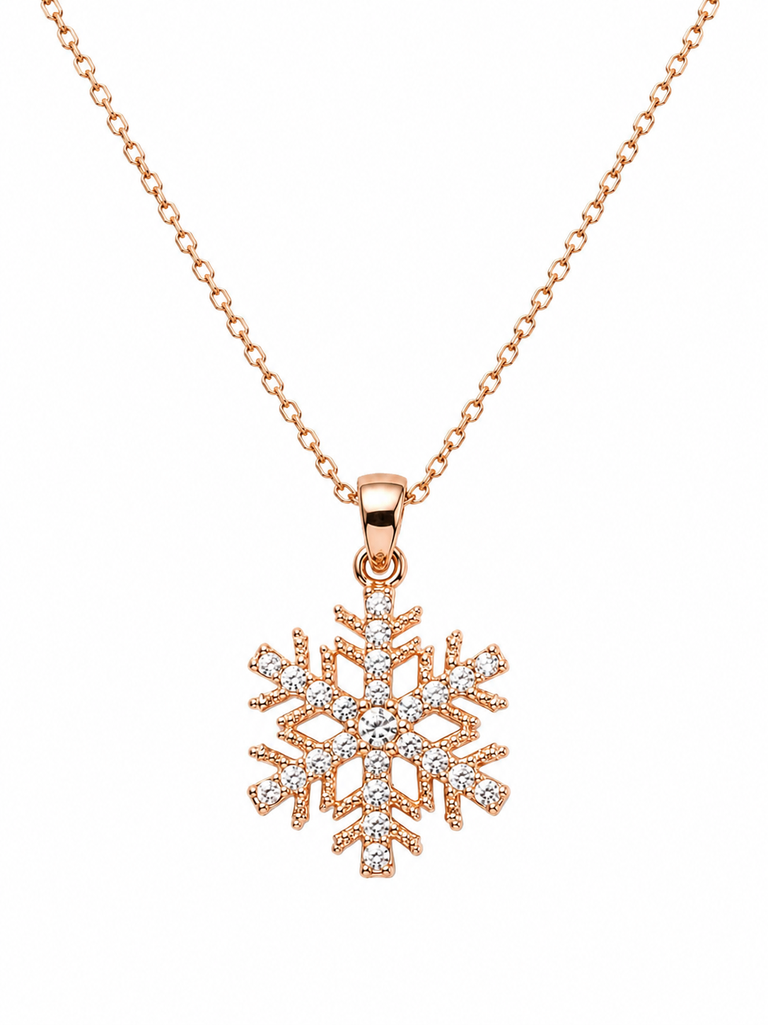Rose gold snowflake crystal pendant necklace - front view close up