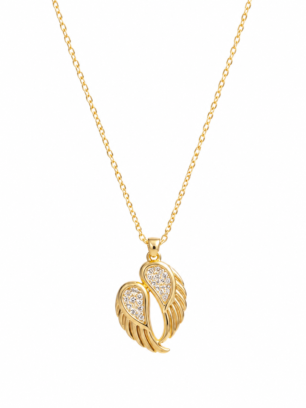 Angel Wings Necklace - front view with CZ pavé detail