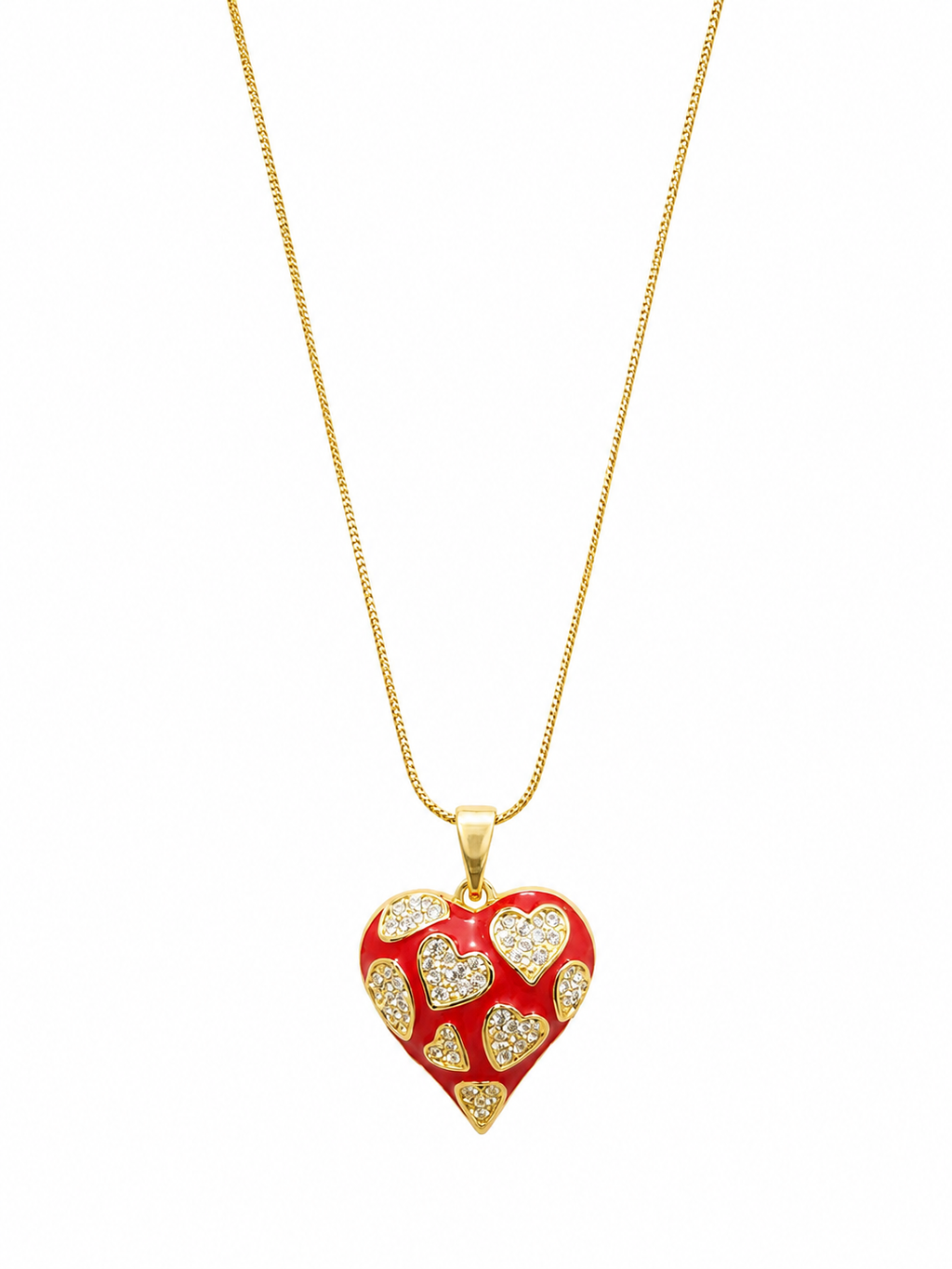 Red enamel heart necklace - full length view