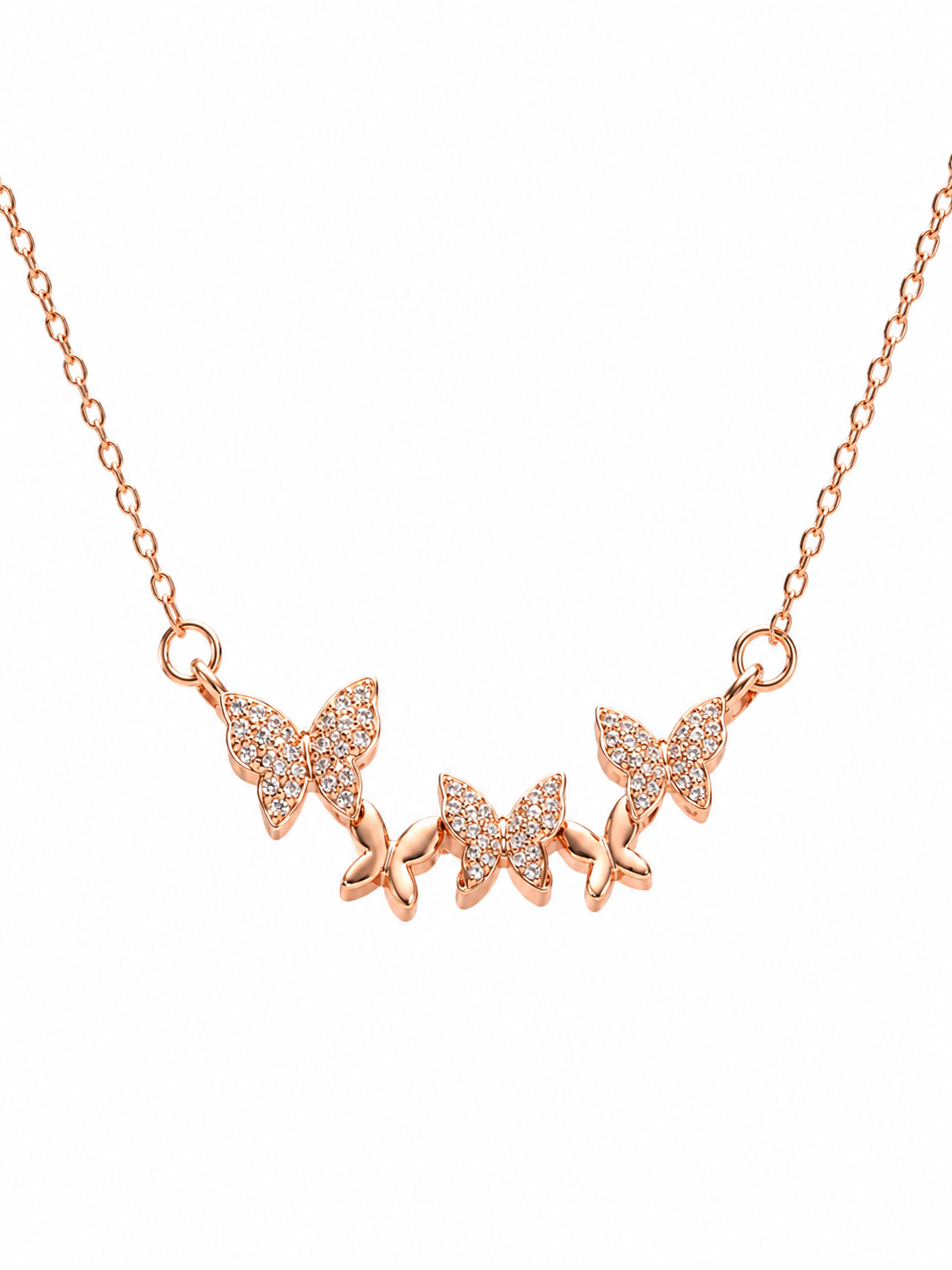 Triple butterfly pavé necklace in rose gold - front view