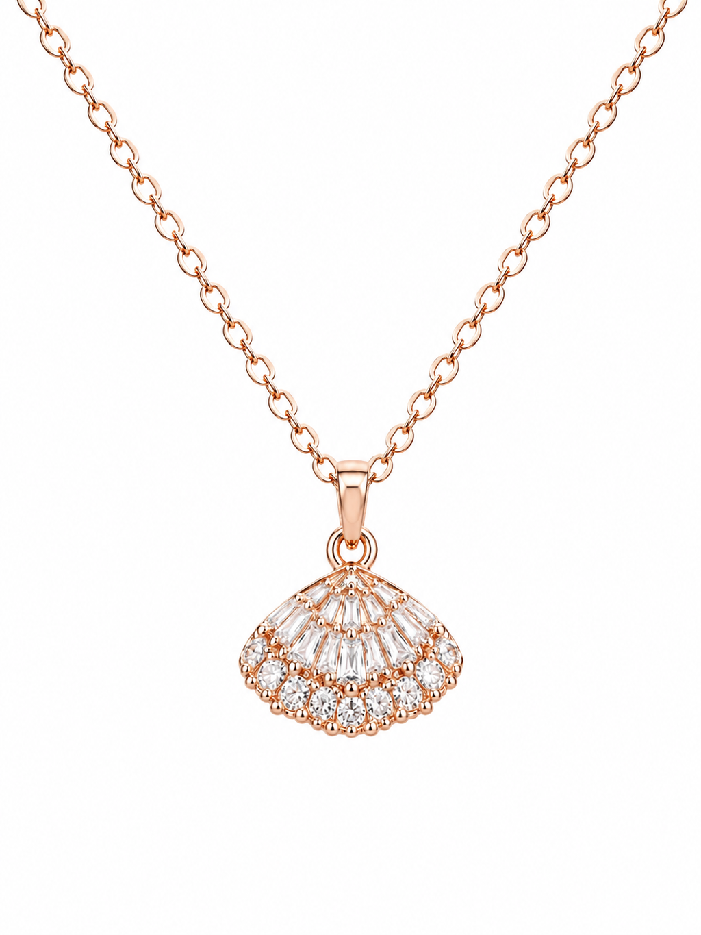 Crystal Fan Shell Pendant Necklace in Rose Gold - Front View