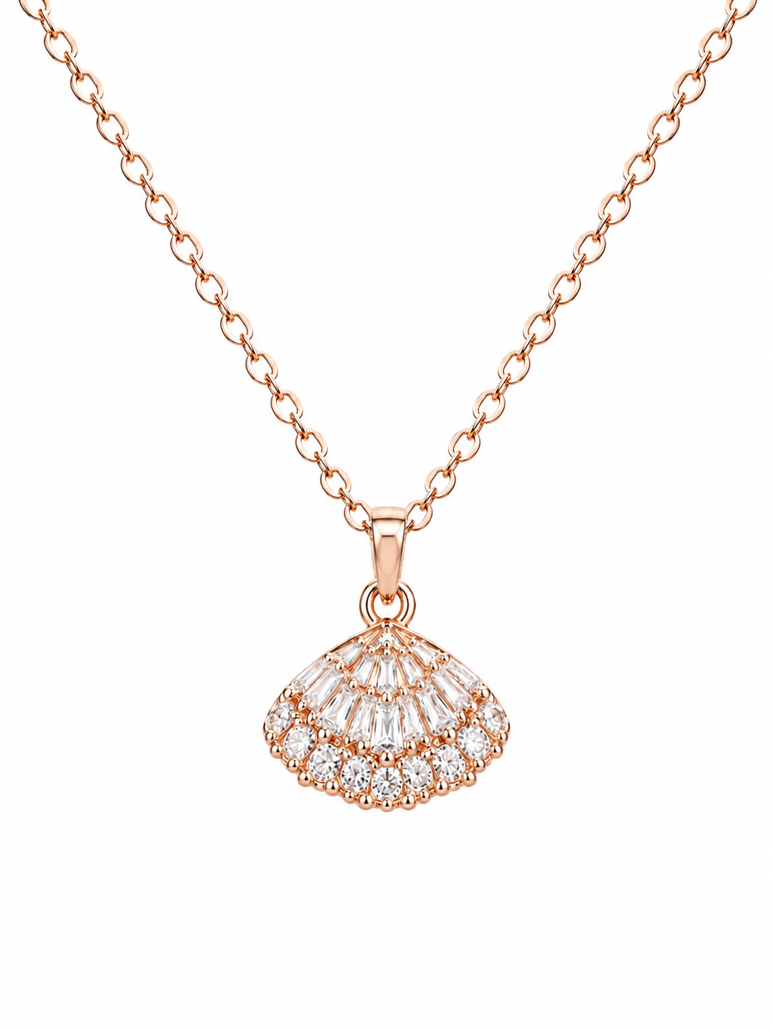 Crystal Fan Shell Pendant Necklace in Rose Gold - Front View