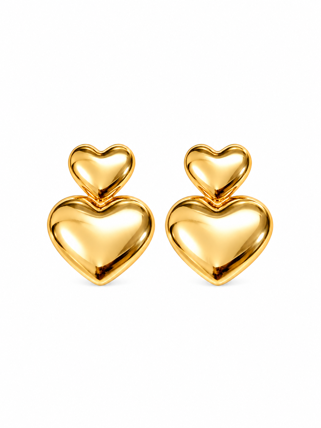 Gold double heart drop earrings in 316L stainless steel