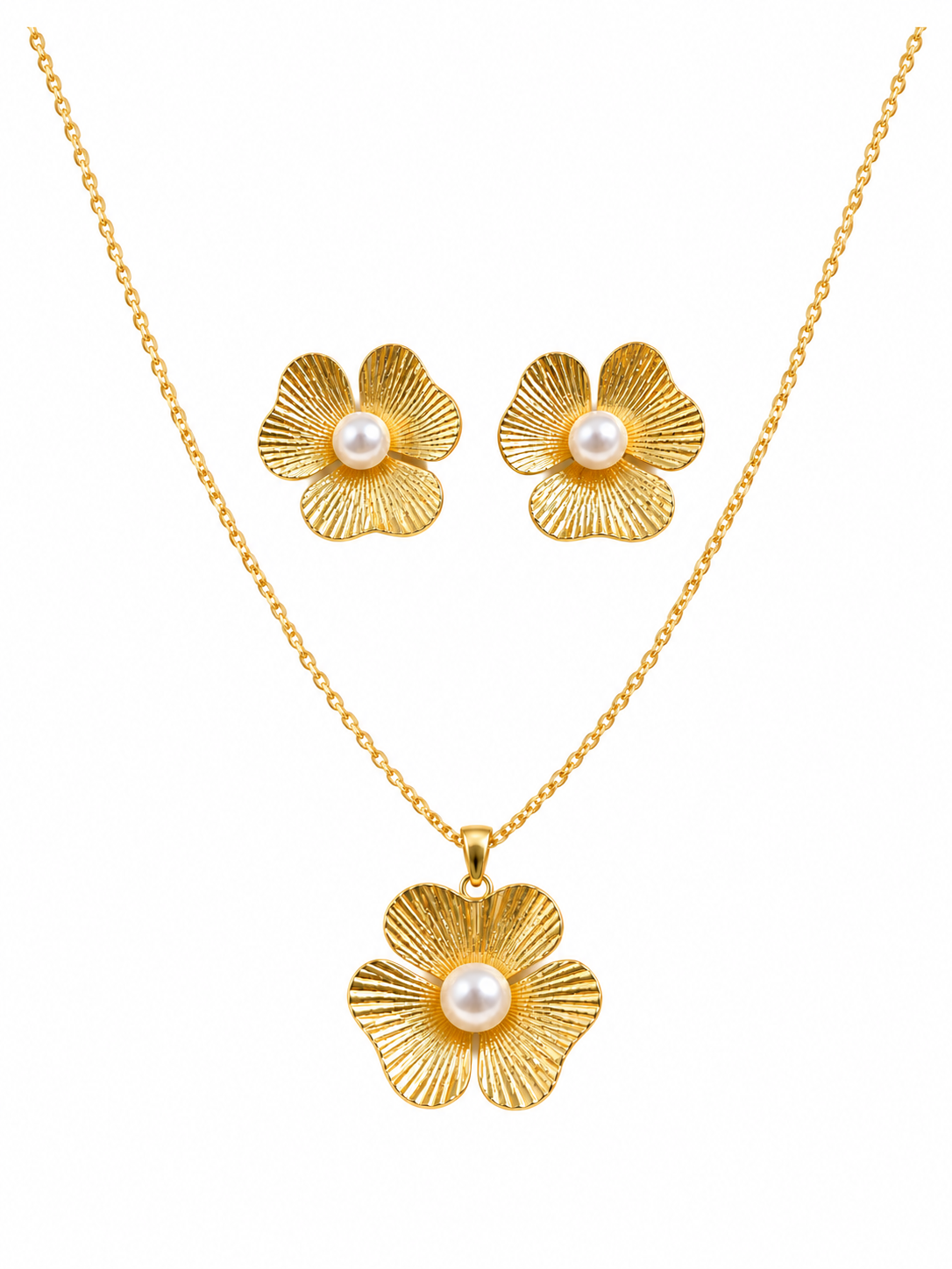 Pearl Flower Necklace and Earring Set in gold-tone 316L stainless steel