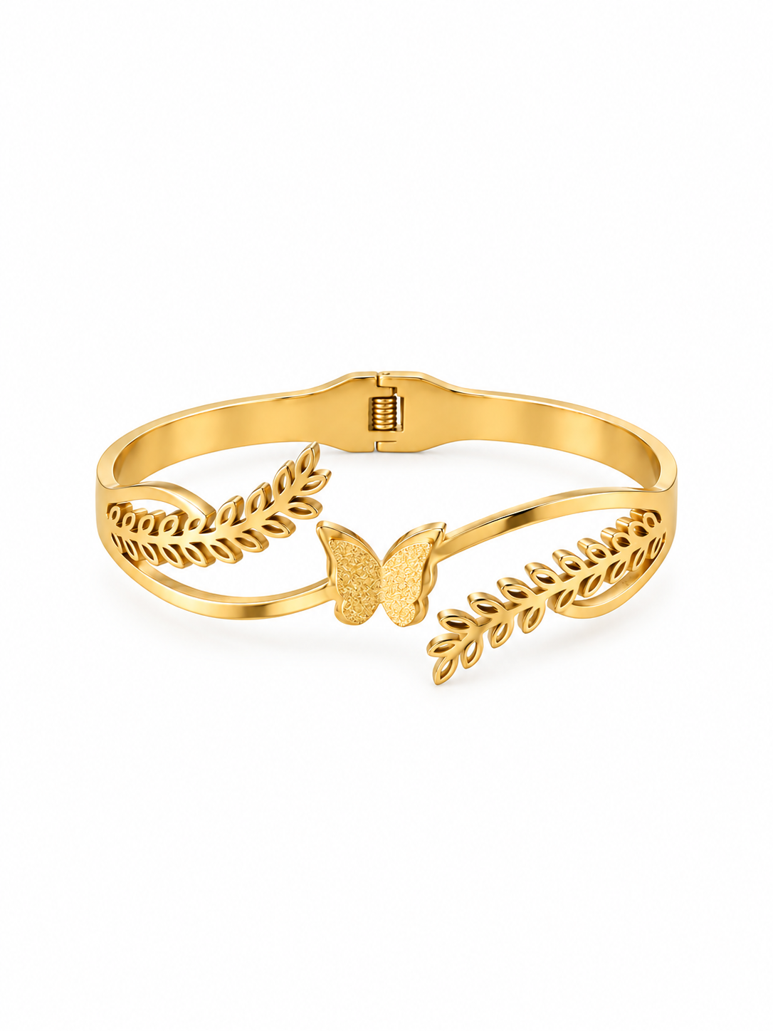 Gold butterfly leaf bangle bracelet in 316L stainless steel with gold-tone finish