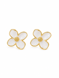 White flower stud earrings with gold-tone 316L stainless steel finish