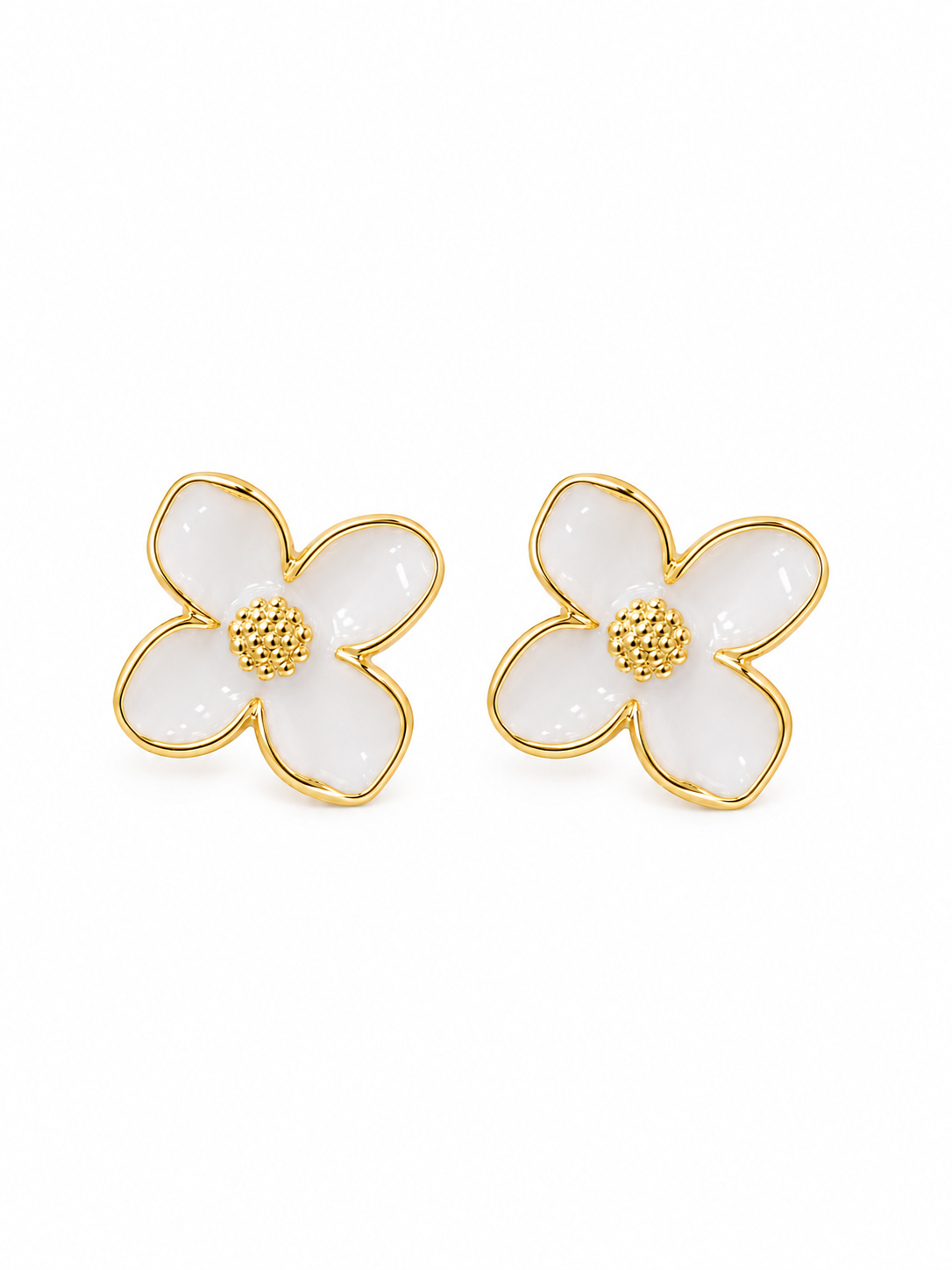 White flower stud earrings with gold-tone 316L stainless steel finish