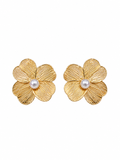 Gold flower stud earrings with pearl center in 316L stainless steel