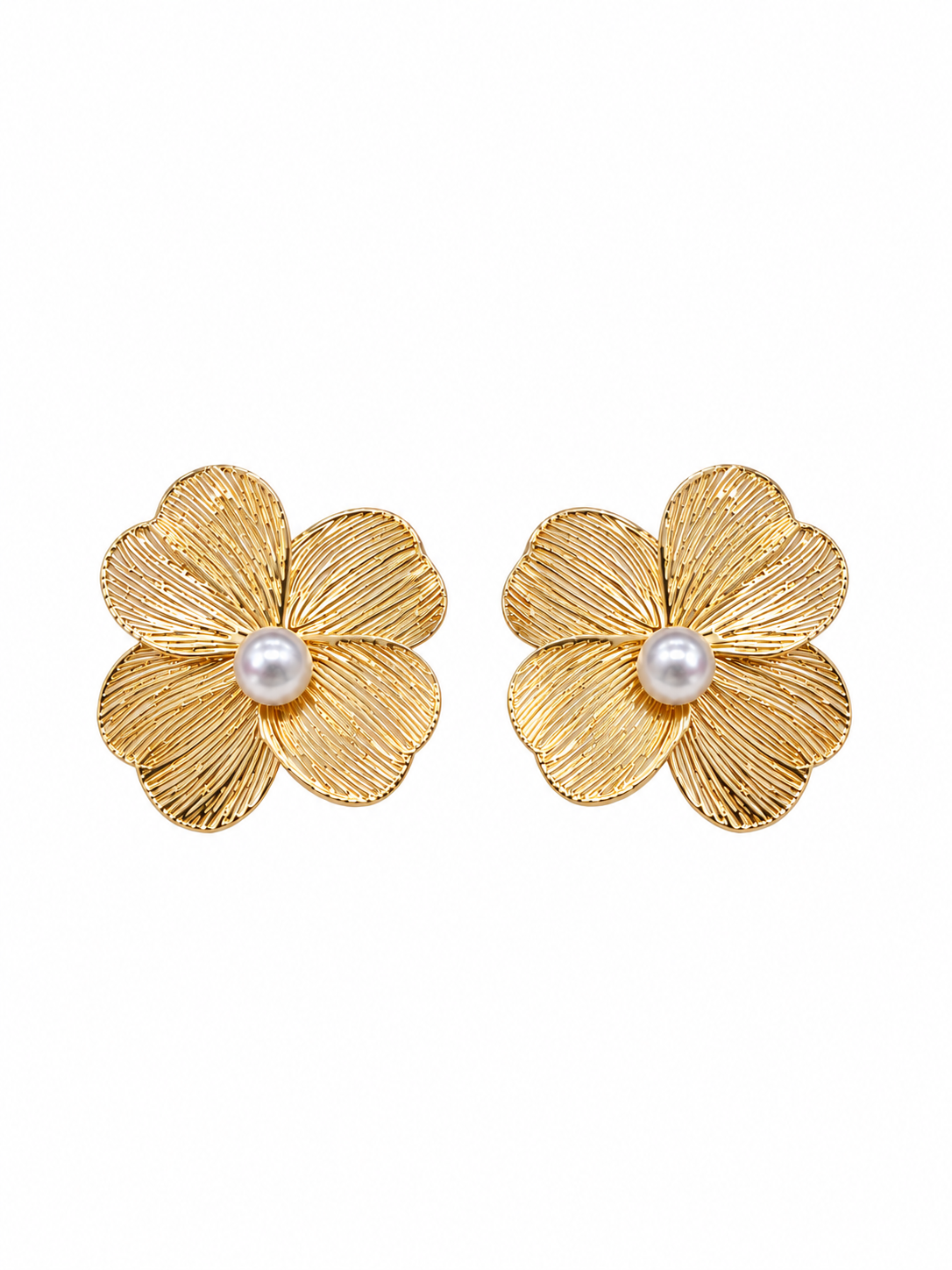 Gold flower stud earrings with pearl center in 316L stainless steel