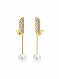 Arrow Pearl Drop Earrings in gold-tone 316L stainless steel with crystal pave studs and pearl drop
