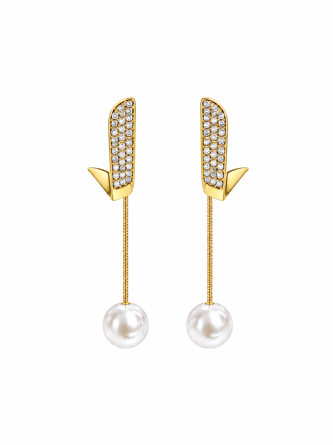 Arrow Pearl Drop Earrings in gold-tone 316L stainless steel with crystal pave studs and pearl drop