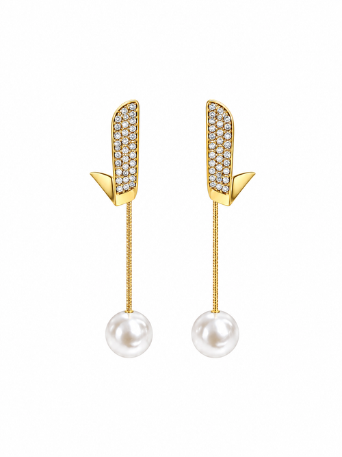 Arrow Pearl Drop Earrings in gold-tone 316L stainless steel with crystal pave studs and pearl drop