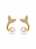Mermaid Tail Pearl Earrings in gold-tone with cubic zirconia and white pearl