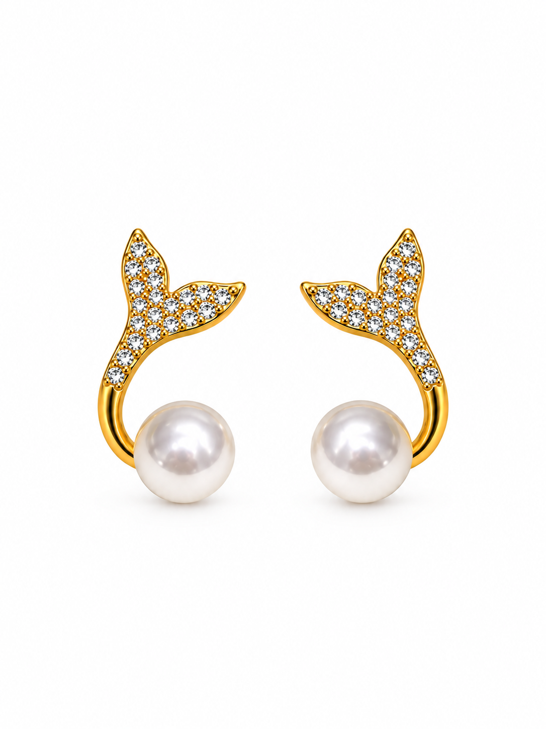Mermaid Tail Pearl Earrings in gold-tone with cubic zirconia and white pearl