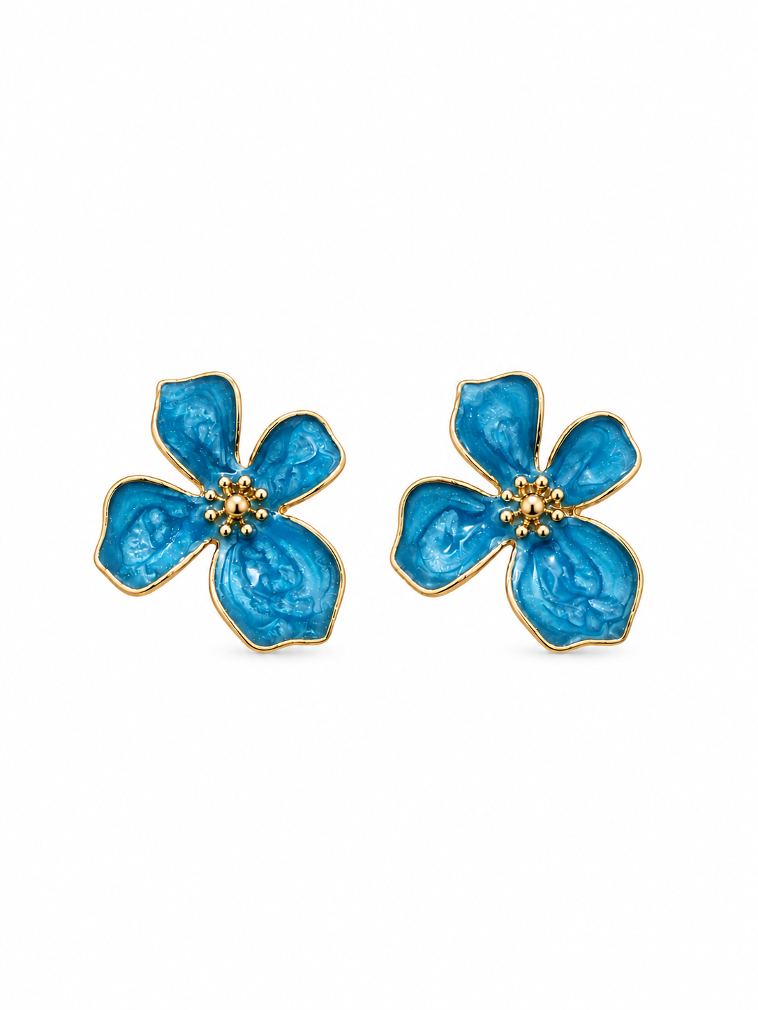 Blue enamel flower stud earrings with gold-tone 316L stainless steel frame