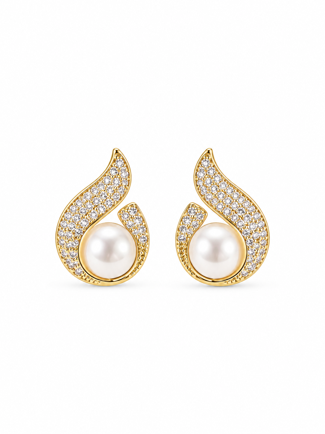Pearl Flame Stud Earrings in Gold-Tone 316L Stainless Steel