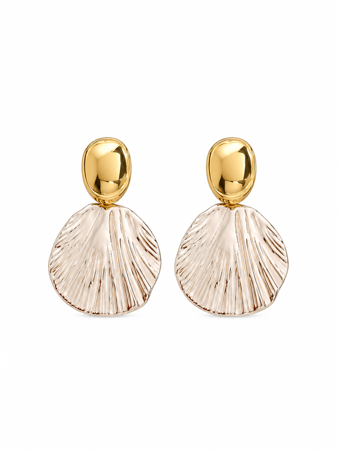 Shell Drop Earrings - gold oval stud with ribbed shell drop