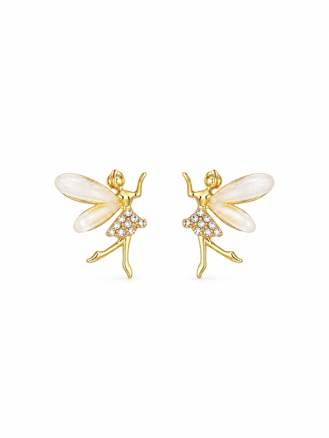 Fairy Ballet Stud Earrings in gold-tone with mother-of-pearl wings and crystal pavé